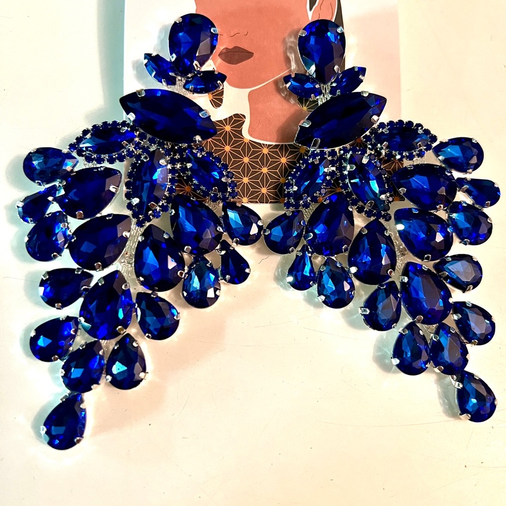 Cobalt Blue Rhinestone Bedazzled Earrings